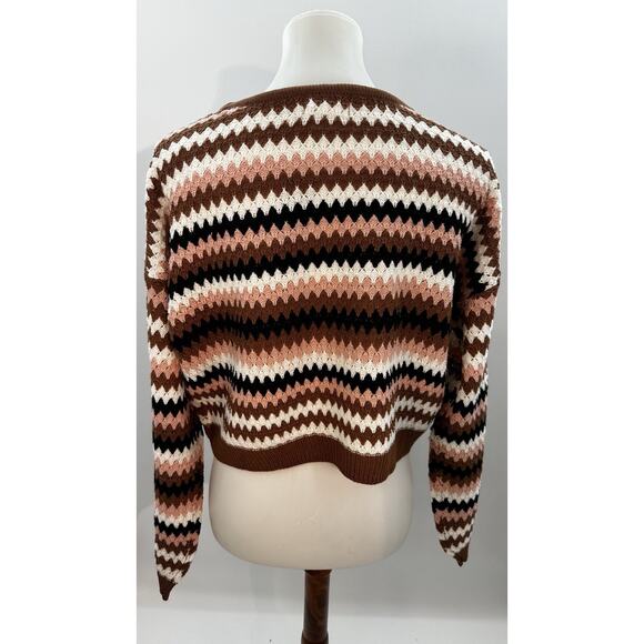 NYC Knits Cropped Striped Sweater Size L Brown Pink Black Retro Knit Top - Picture 3 of 5
